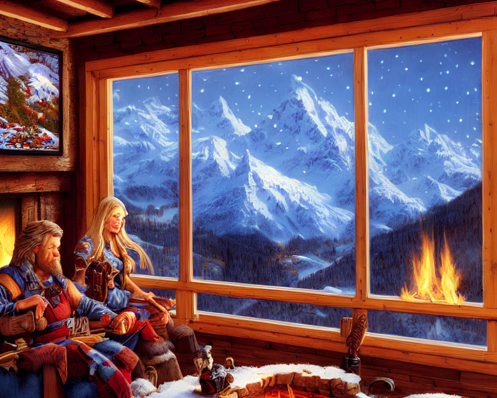 Individuals in cozy cabin by warm fire, admiring snowy mountain view.