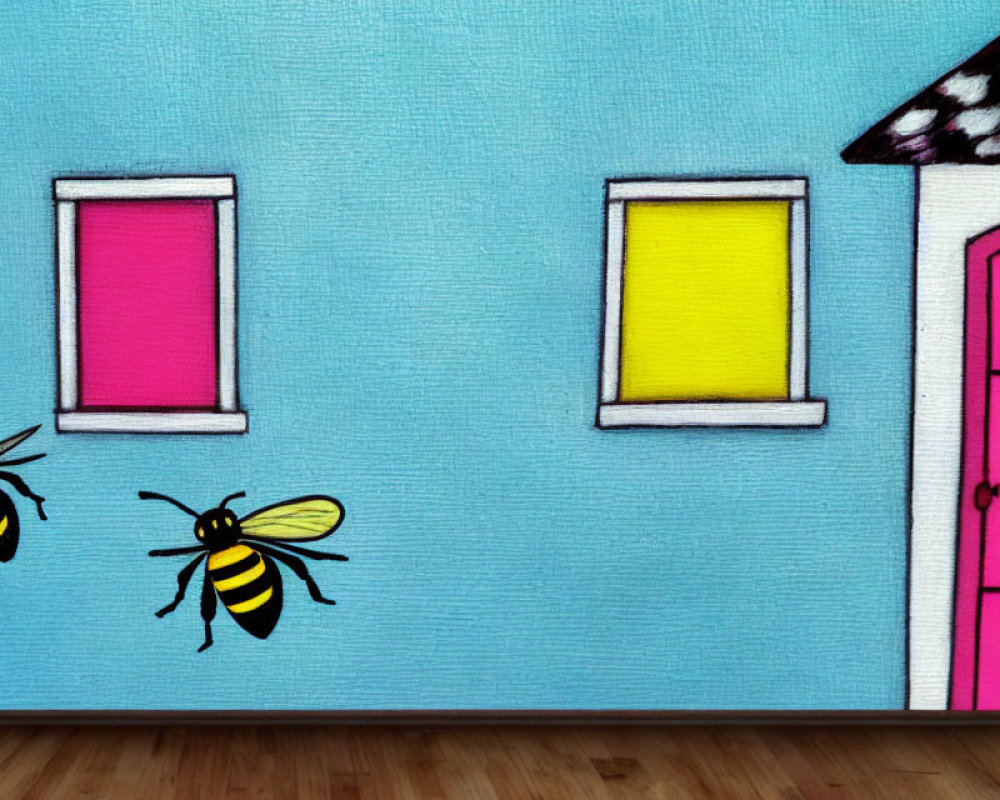 Colorful House with Pink Door and Yellow Window on Blue Textured Background with Cartoon Bees