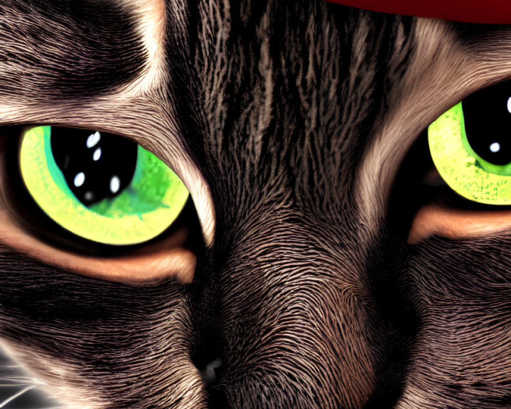 Cat with Green Eyes and Red Beret in Close-up Shot