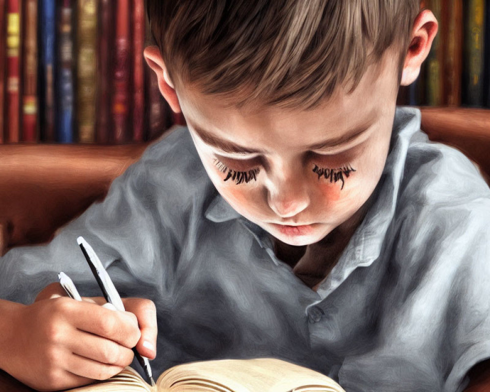 Young boy writing on a notebook on leather couch with colorful bookshelf