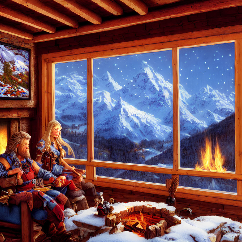 Individuals in cozy cabin by warm fire, admiring snowy mountain view.