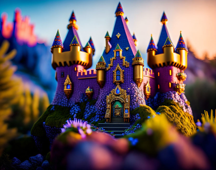 Miniature fairy-tale castle with purple towers and blue rooftops at sunset