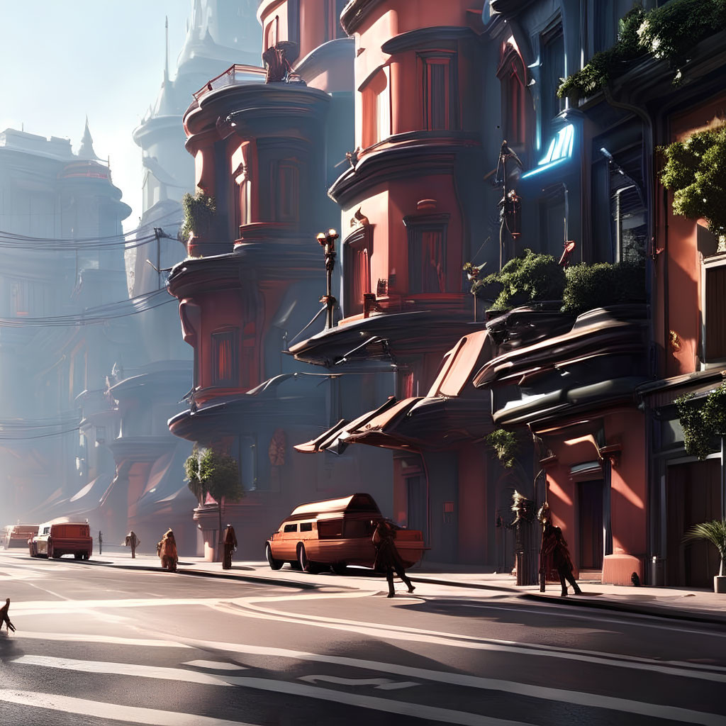 Futuristic cityscape with terracotta buildings, sleek vehicles, and pedestrians on a sunlit