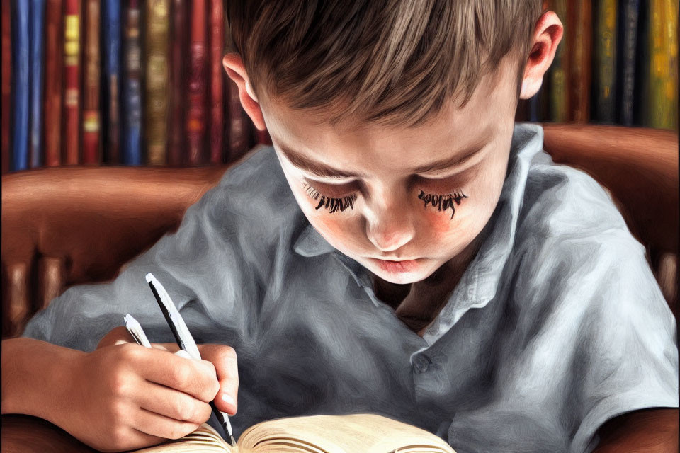 Young boy writing on a notebook on leather couch with colorful bookshelf