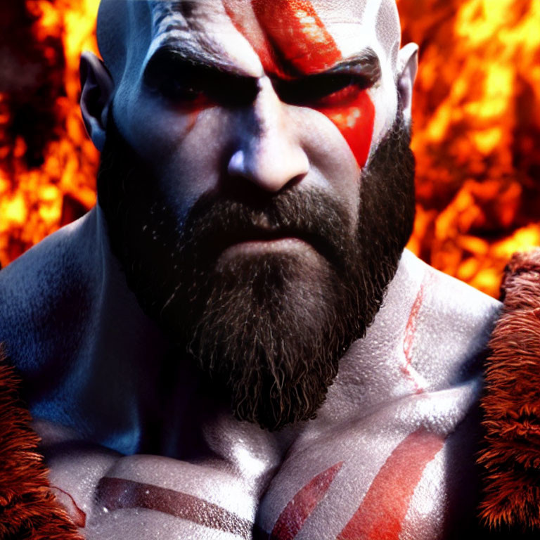 Intense bearded man with red face paint on fiery backdrop