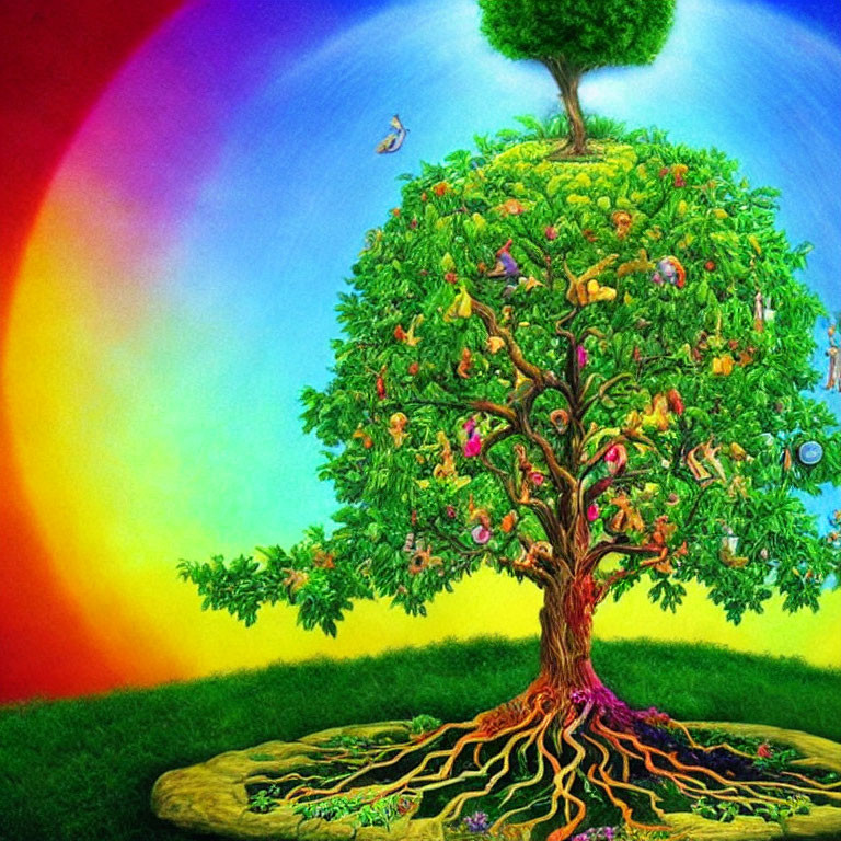 Colorful Fruit Tree with Rainbow Background and Detailed Roots on Green Hill