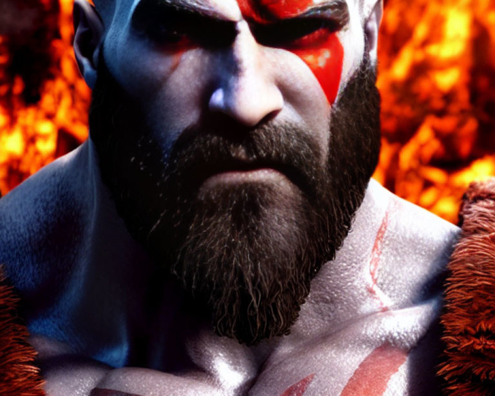 Intense bearded man with red face paint on fiery backdrop