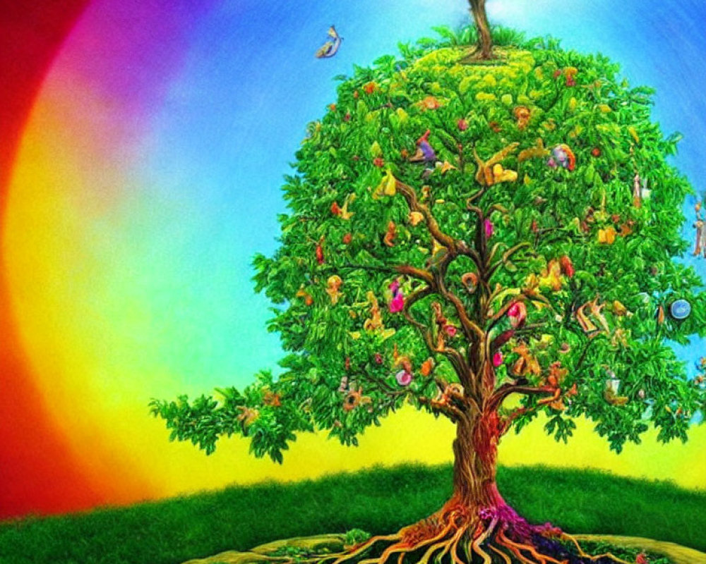 Colorful Fruit Tree with Rainbow Background and Detailed Roots on Green Hill