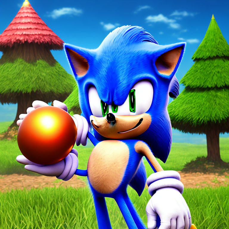 Blue animated hedgehog holding red sphere in grassy area.