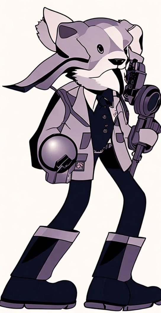 Anthropomorphic fox character in stylish attire with futuristic gun