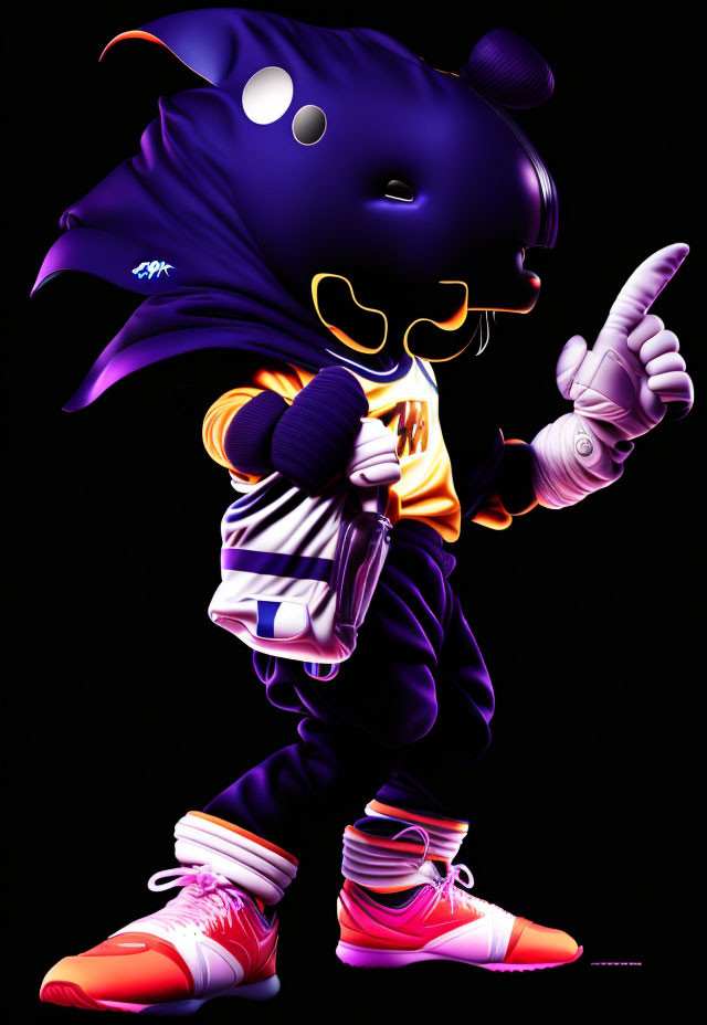 Character with Purple Cloak & White Sneakers Pointing Upwards