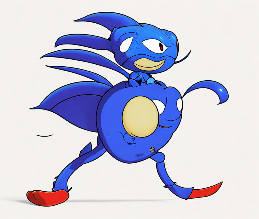 Stylized blue character with large head and red shoes in playful pose