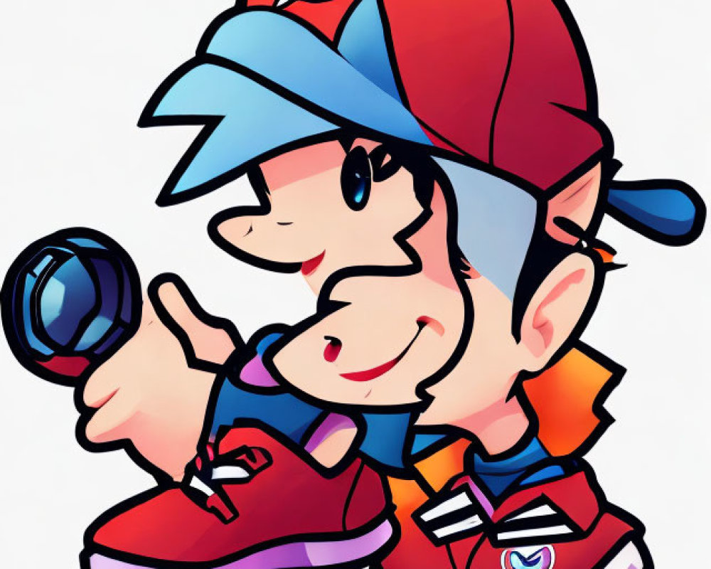 Animated character in red cap and jacket with blue star, holding magnifying glass and giving thumbs-up