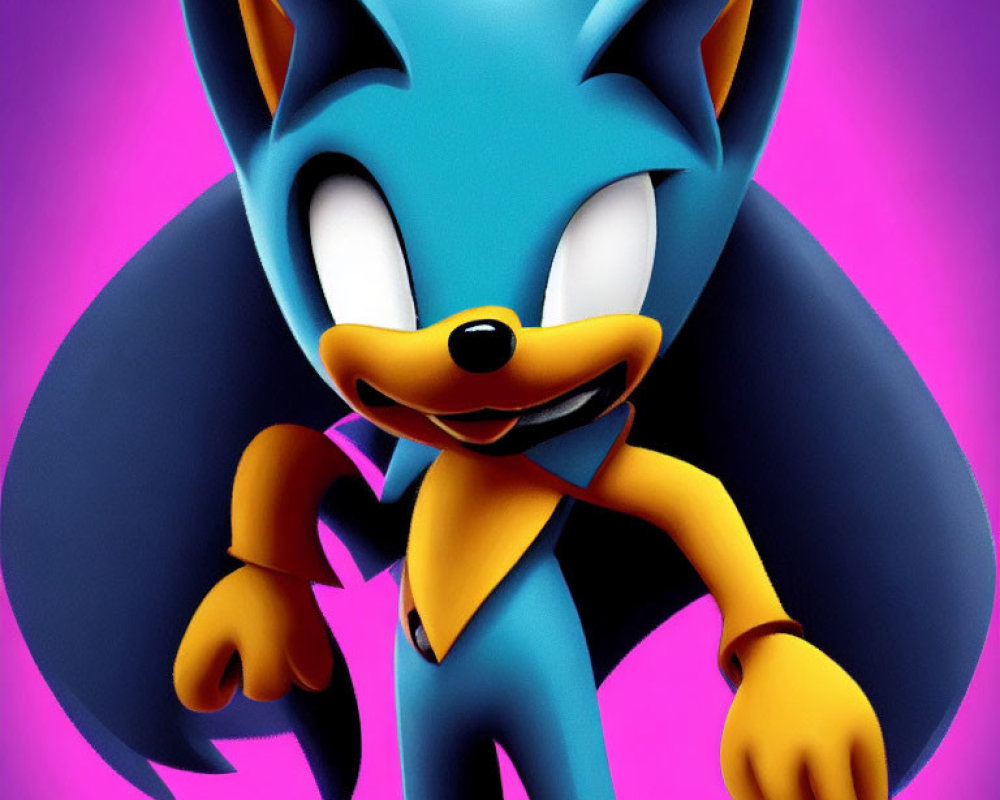 Stylized blue hedgehog character with oversized hands and cheeky expression