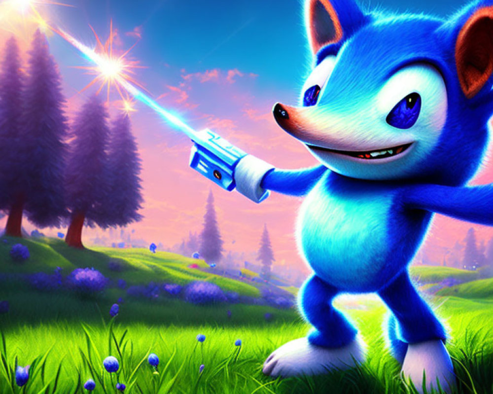 Stylized Sonic the Hedgehog with blue ray gun in vibrant landscape