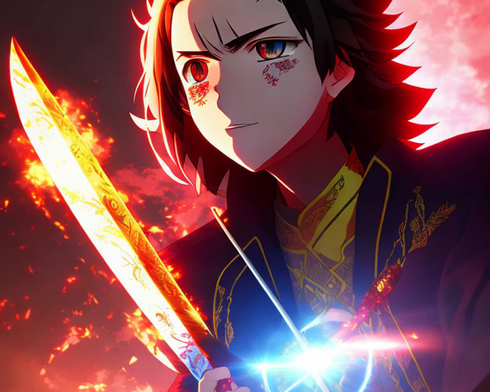 Animated character with black hair and red eyes holding a glowing sword