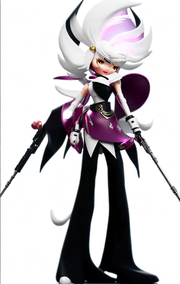 White-haired animated character with twin tails, magic staff, black and purple outfit.