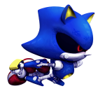 Stylized metallic blue figure in action pose with large eyes and spikes