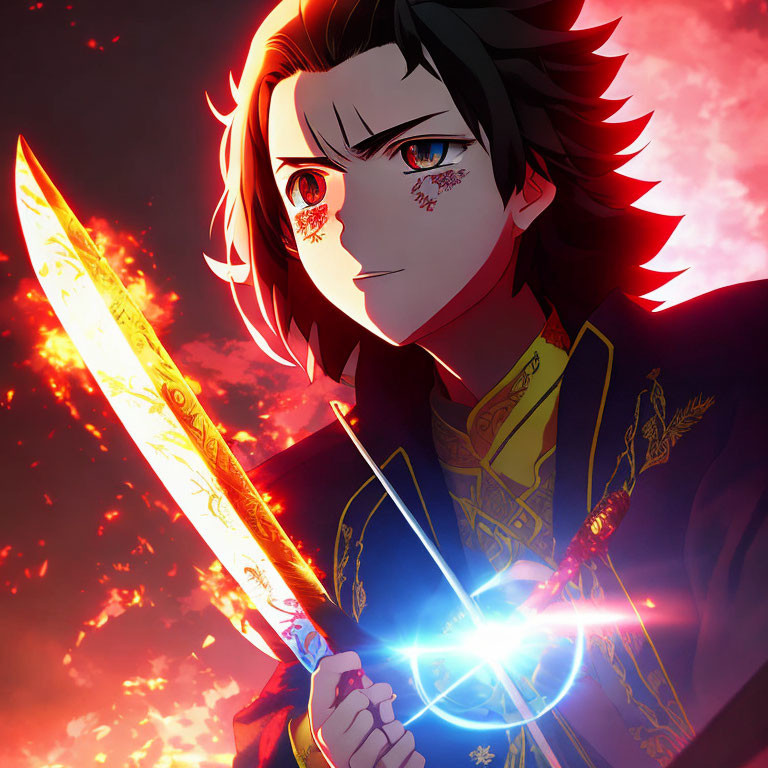 Animated character with black hair and red eyes holding a glowing sword