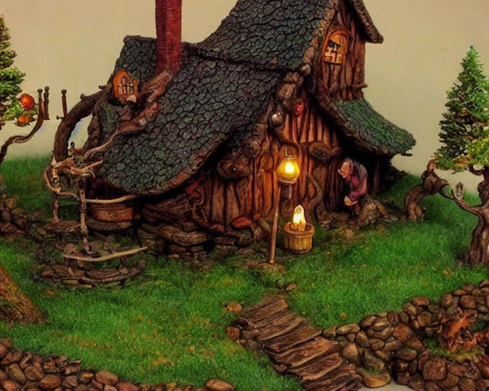 Miniature fantasy cottage with textured roof, lit lantern, wishing well, and cobblestone path in