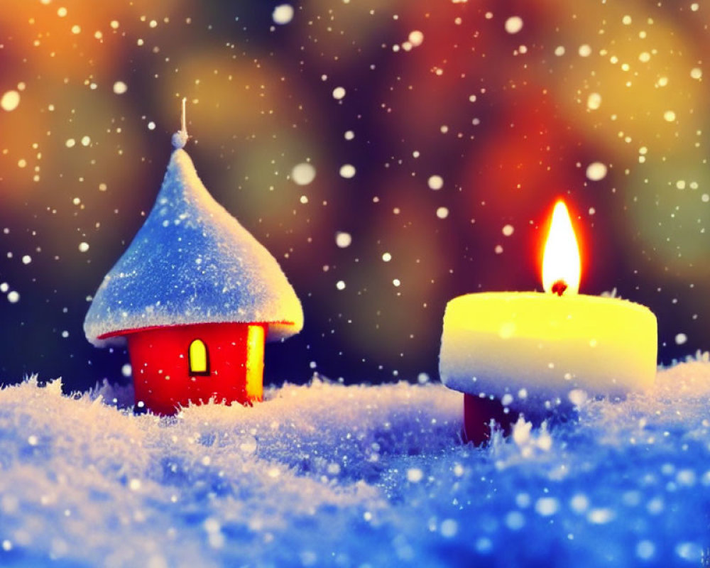 Miniature red house and candle in snowy scene with bokeh lights