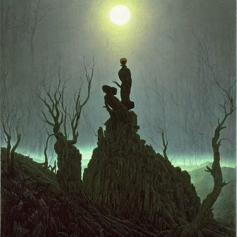 Solitary figure on rocky outcrop under full moon in eerie forest