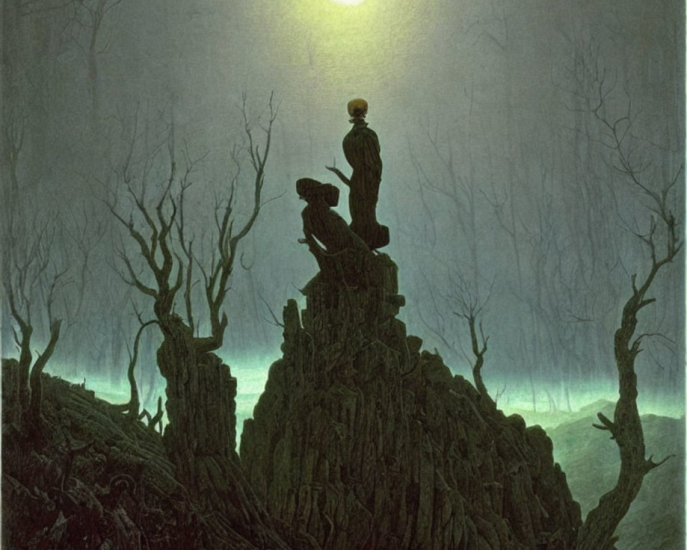 Solitary figure on rocky outcrop under full moon in eerie forest