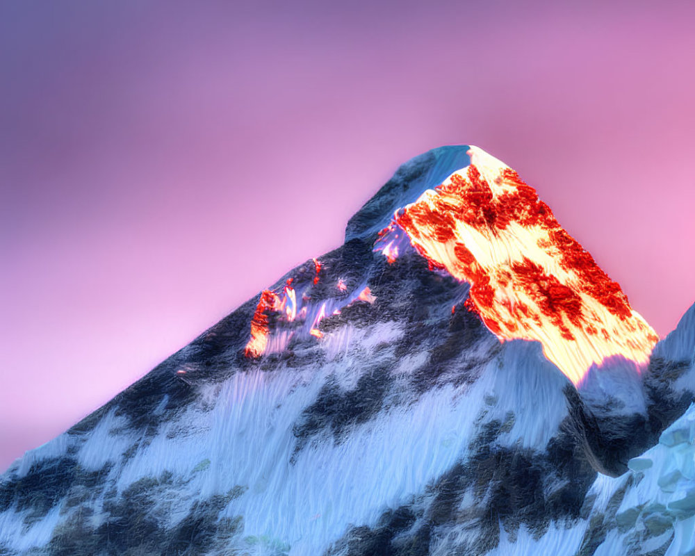 Snow-covered mountain peak in Alpenglow against pink and blue twilight sky