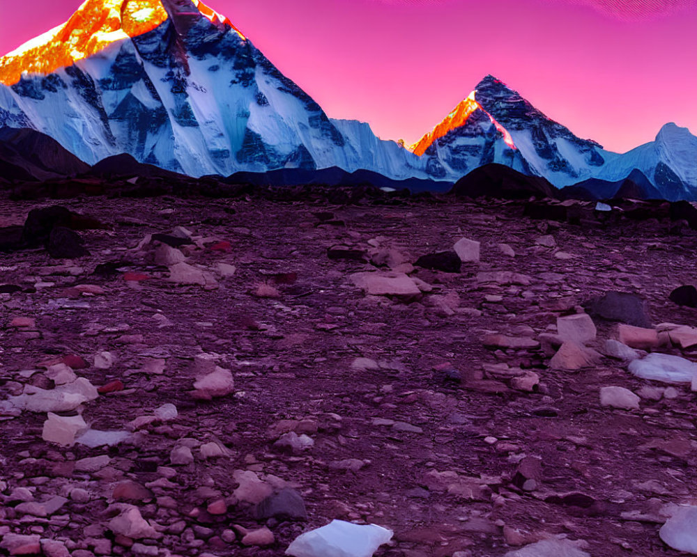 Snow-capped mountains in purple sunset with glowing peaks