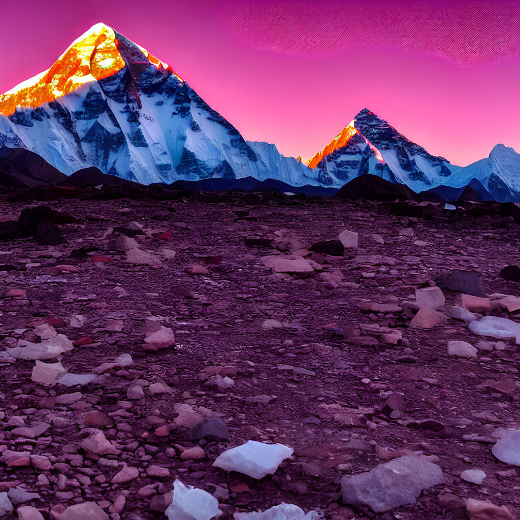 Snow-capped mountains in purple sunset with glowing peaks
