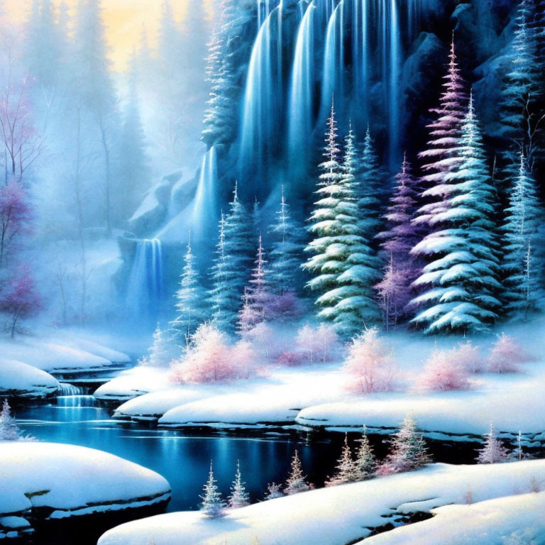 Snow-covered trees, frozen river, icy waterfall in serene winter landscape