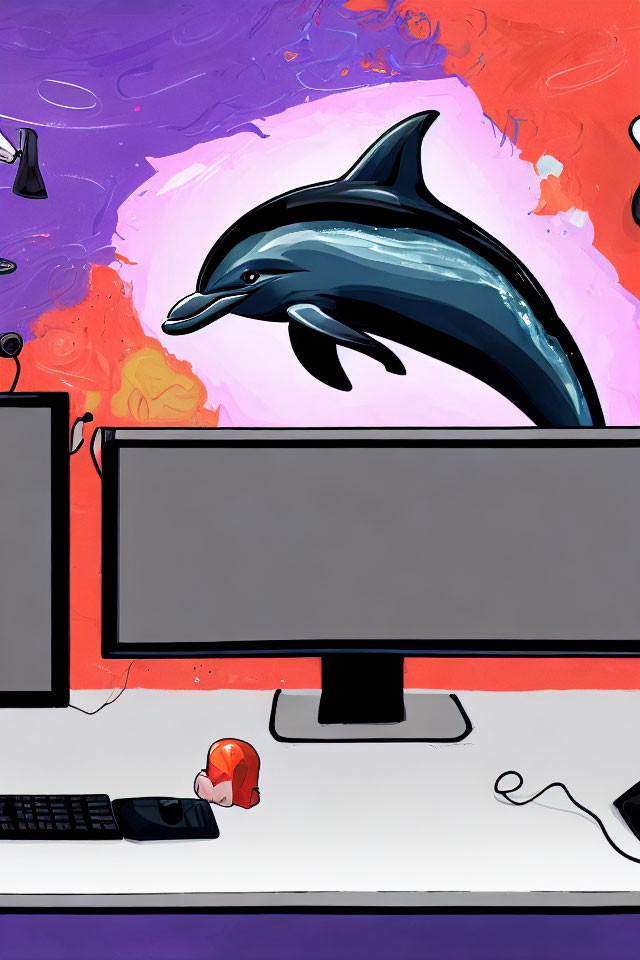 Colorful Dolphin Leaping Over Dual Monitor Setup with Keyboard and Mouse