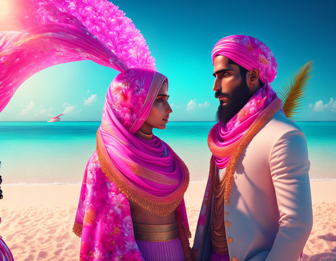 Illustrated couple in traditional Indian attire under feather arch on serene beach