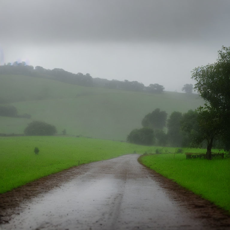 Country Road Through Lush Green Fields on Rainy Day