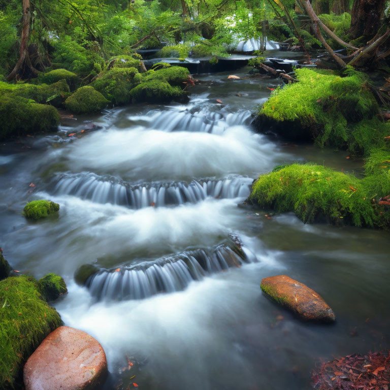 Tranquil forest stream with cascading water and lush green surroundings