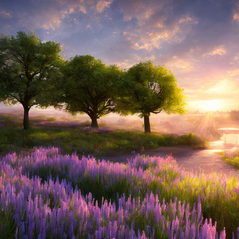 Tranquil Sunrise Landscape with Mist, Purple Flowers, and Sunbeams