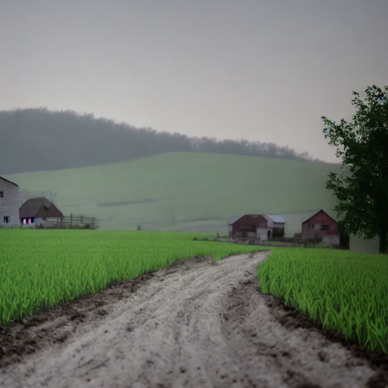 Rural landscape with mist, dirt road, farmhouses, hills, crop, and tree