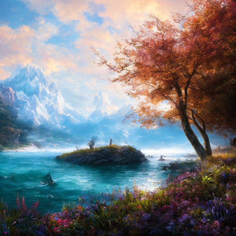 Tranquil landscape with person on islet, colorful river, flowers, mountains, and leaping