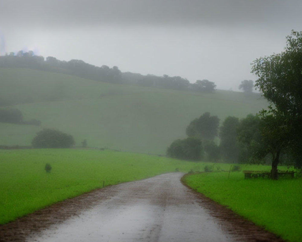 Country Road Through Lush Green Fields on Rainy Day