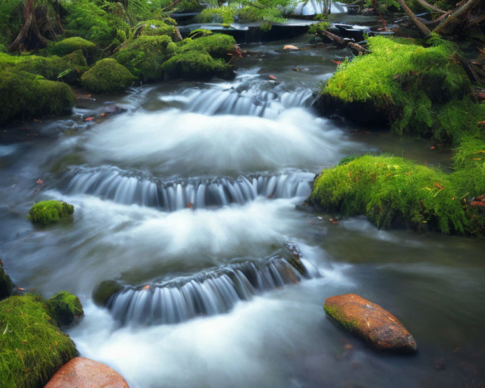 Tranquil forest stream with cascading water and lush green surroundings