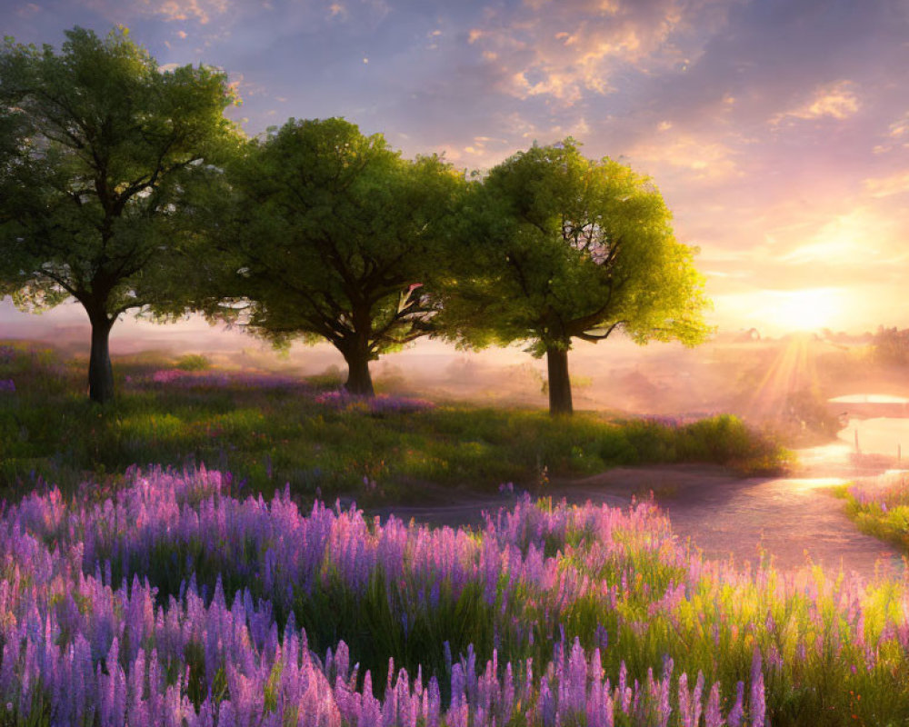 Tranquil Sunrise Landscape with Mist, Purple Flowers, and Sunbeams