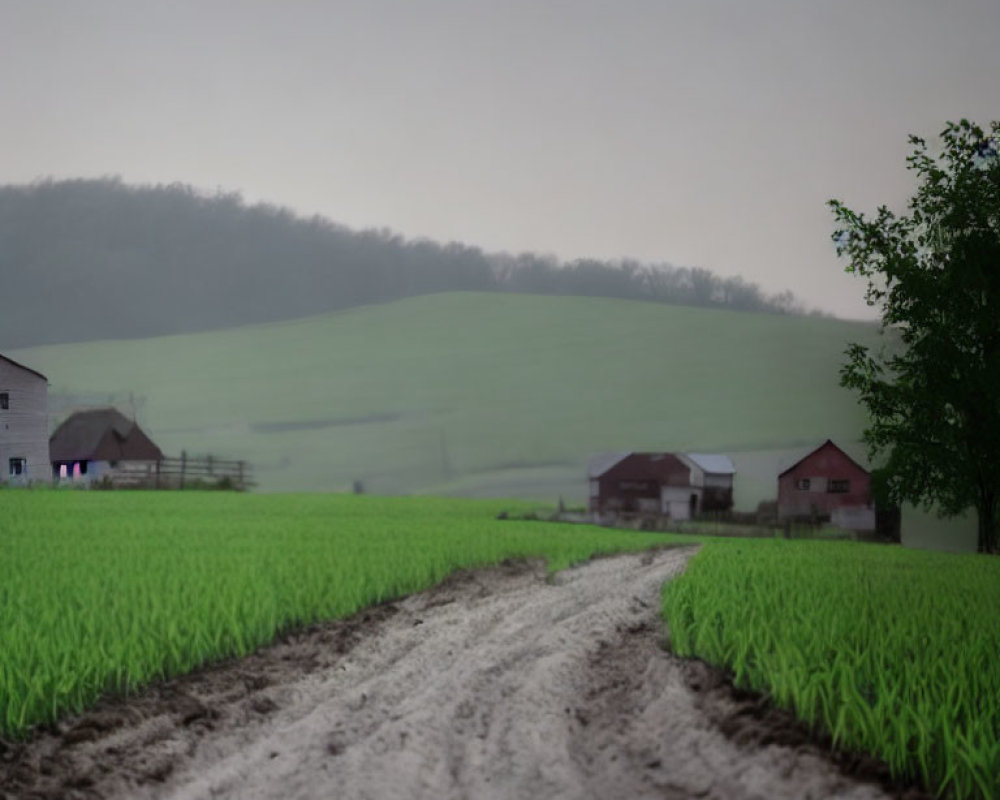 Rural landscape with mist, dirt road, farmhouses, hills, crop, and tree