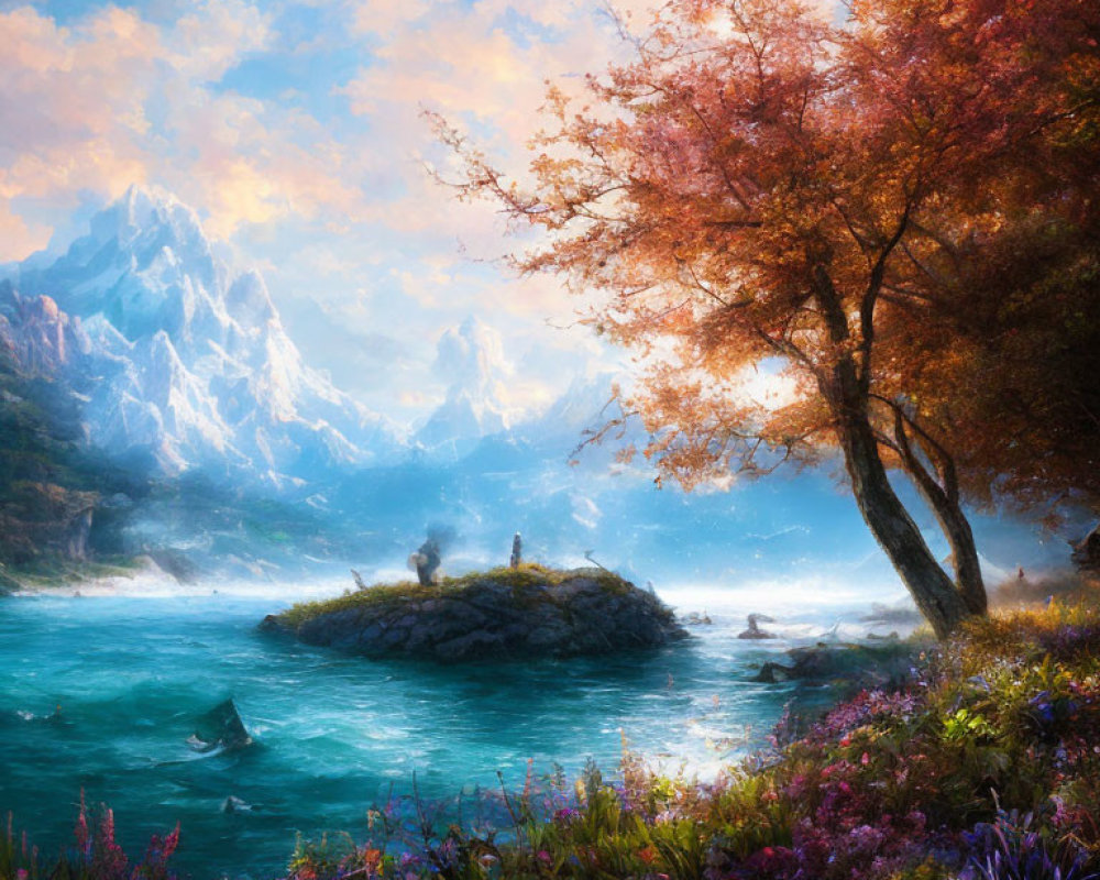 Tranquil landscape with person on islet, colorful river, flowers, mountains, and leaping