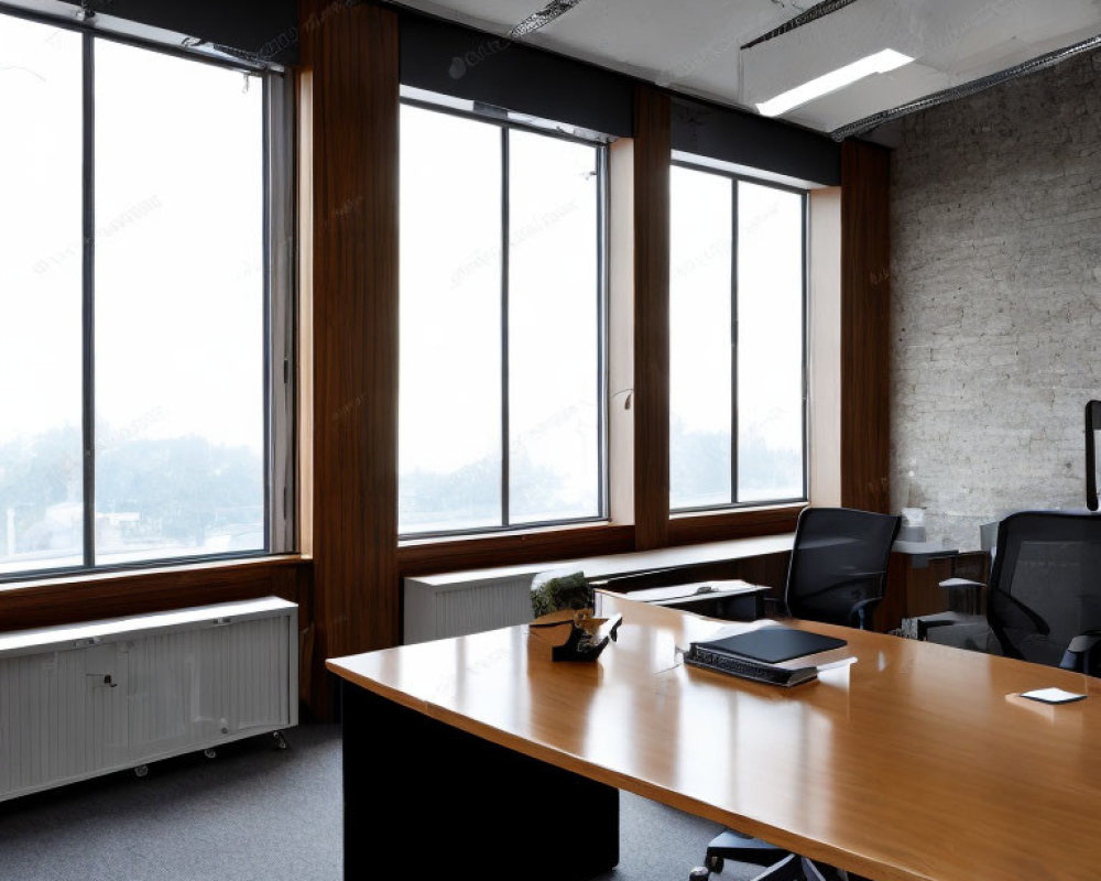 Contemporary office interior with wooden desk, black chairs, and floor-to-ceiling windows against concrete walls