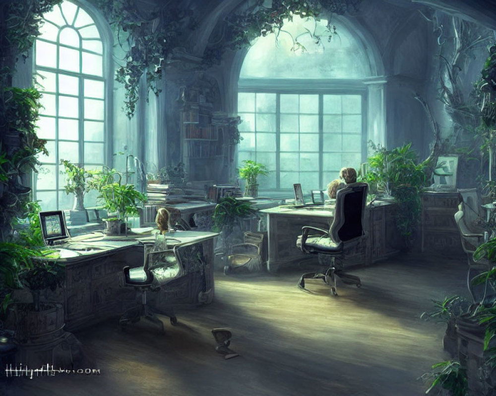 Gothic-style study room with overgrown plants, arched windows, books, and person.