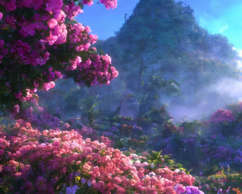 Misty garden with pink flowers and foggy forest hill under sunny sky