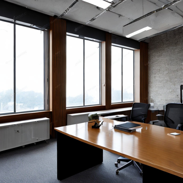 Contemporary office interior with wooden desk, black chairs, and floor-to-ceiling windows against concrete walls