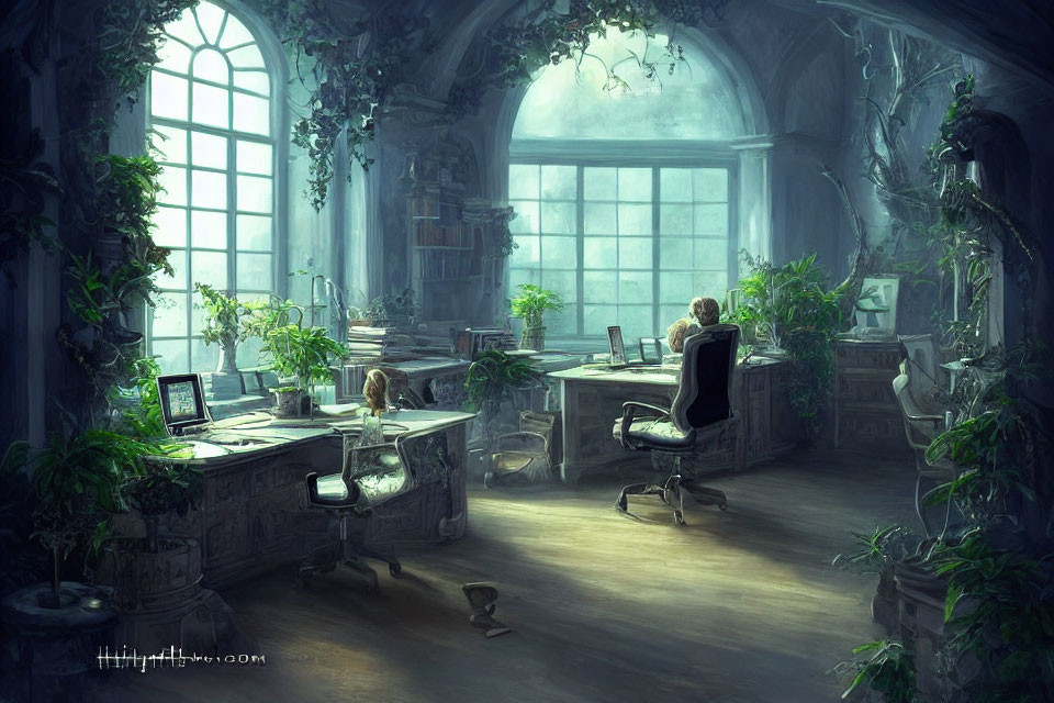 Gothic-style study room with overgrown plants, arched windows, books, and person.