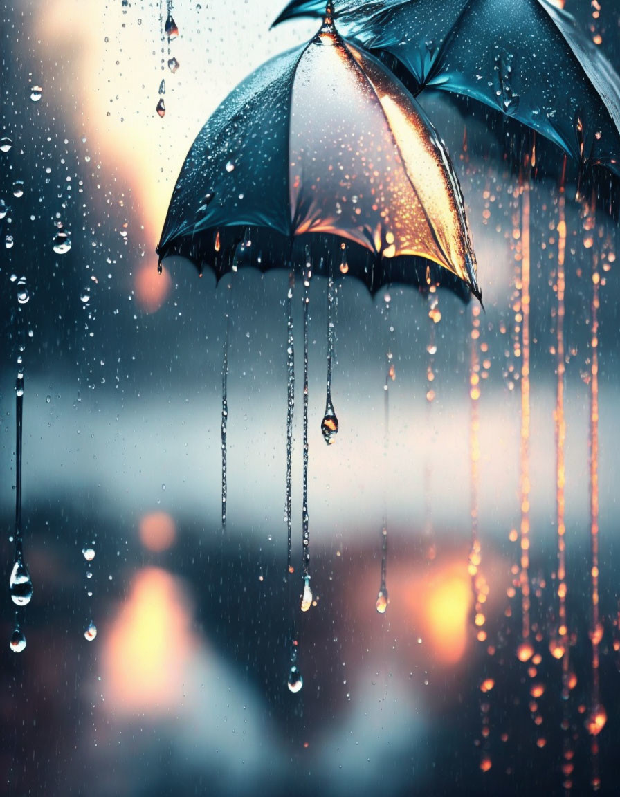 Black umbrella with raindrops on edge against blurred rainy background