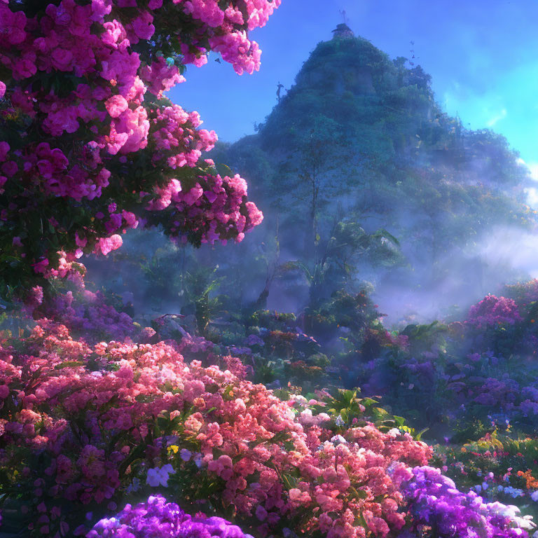 Misty garden with pink flowers and foggy forest hill under sunny sky